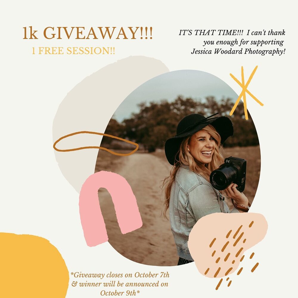 ✨1K GIVEAWAY✨
⠀⠀⠀⠀⠀⠀⠀⠀⠀
⠀⠀⠀⠀⠀⠀⠀⠀⠀
THAT&rsquo;S RIGHT! As a big thank you to all of you who have followed this photography journey of mine and who continue to support my business I am doing a giveaway!! 🎉 
⠀⠀⠀⠀⠀⠀⠀⠀⠀
⠀⠀⠀⠀⠀⠀⠀⠀⠀
Who doesn&rsquo;t love a good giveaway!? I am giving 1 lucky winner a FREE SESSION! 🤘🏼 This could be for a couple, engagement, maternity, grads, family, whatever you would like for up to 2 hours of shoot time!
⠀⠀⠀⠀⠀⠀⠀⠀⠀
⠀⠀⠀⠀⠀⠀⠀⠀⠀
How to enter:
*Must be following ME! @jessicawoodardphoto 
*Like this post
*Tag 3 friends (in the same comment) who you think would want to win too!!
*One comment per entry
*FOR A BONUS ENTRY: Share this post to your story and be sure to TAG me so I can see it! If your account is private than you can screenshot your story and send it to me
⠀⠀⠀⠀⠀⠀⠀⠀⠀

⠀⠀⠀⠀⠀⠀⠀⠀⠀
*Giveaway ends at 11:59pm PST on October 7th and winner will be randomly selected October 9th! Best of luck to you all 😘
⠀⠀⠀⠀⠀⠀⠀⠀⠀
⠀⠀⠀⠀⠀⠀⠀⠀⠀
*Some location restrictions will apply. Open to Ventura County, San Diego County, and Temecula areas. If desired location is outside of these areas, additional travel fees may apply depending on exact location. Photoshoot must be scheduled and taken before December 18th, 2020. Does not apply for sessions already booked. This giveaway is in no way endorsed or sponsored by Instagram.